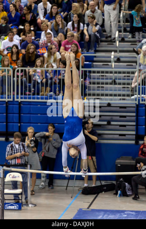 Woman competes on uneven parallel bars during Alabama Crimson Tide versus UF Gators Women's Gymnastics Meet (2-8-13). Stock Photo