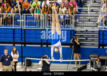 Woman competes on uneven parallel bars during Alabama Crimson Tide versus UF Gators Women's Gymnastics Meet (2-8-13). Stock Photo