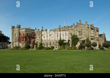 View from the gardens towards Hampton Court Castle, a castellated country house, Herefordshire, Great Britain. Stock Photo