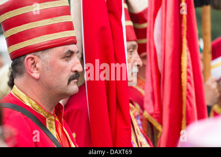 Member of the Turkish military fanfare 'Mehter' wears traditional Janissary costume during the Turkish Festival in Bucharest. Stock Photo