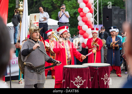 Traditional military fanfare 'Mehter' performs a show during the celebratory events Turkish Festival, Bucharest, Romania. Stock Photo