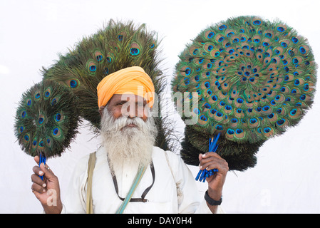 Senior man selling peacock feather fans, Pushkar, Ajmer, Rajasthan, India Stock Photo