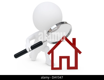 3d humaunoid character and a red house symbol on white Stock Photo