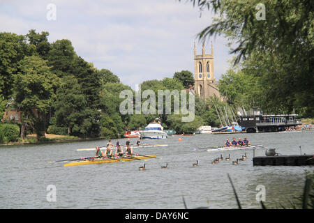 Guildford Rowing Club (green) and Twickenham Rowing Club (blue/magenta) men's quad sculls at Molesey Amateur Regatta, 20th July 2013, River Thames, Hurst Park Riverside, East Molesey, near Hampton Court, Surrey, England, Great Britain, United Kingdom, UK, Europe Credit:  Ian Bottle/Alamy Live News Stock Photo