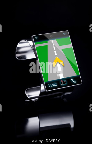 modern Internet Smart Watch on a black background -- All Texts, Icons, Computer Interfaces where created from scratch by myself. Stock Photo