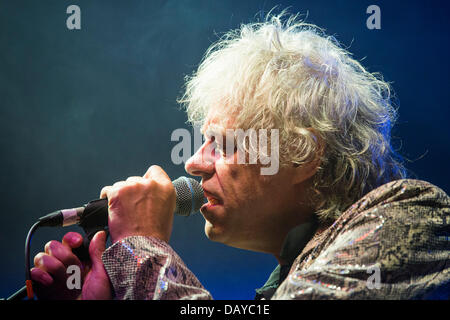 Oakhampton, UK. 20th July, 2013. Bob Geldof, wearing a fake crocodile suit, performs with the Boomtown Rats at Chagstock, a small music festival near Okehampton, Devon. The sold out event saw festival goers enjoying the hot, sunny weather that has basked the UK recently. The Met Office has downgraded the heatwave warning level but temperatures are expected to rise again during the next week. 20 July 2013 Credit:  Adam Gasson/Alamy Live News Stock Photo