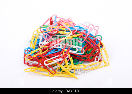 Photo of colorfull paper clips on a white background Stock Photo
