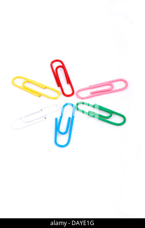 Photo of colorfull paper clips on a white background Stock Photo