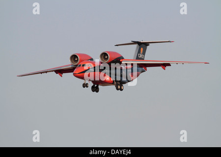 Air freight transport. Antonov An-74 cargo plane in the colours of Ukrainian operator Cavok Air, showing its unusual design configuration Stock Photo