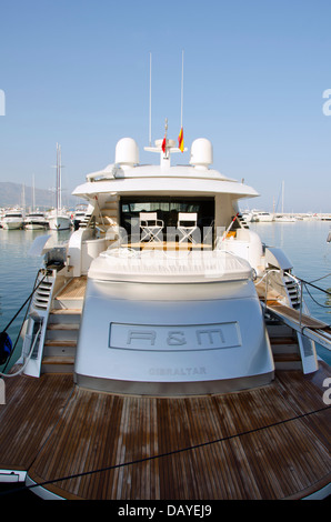 Deck of a yacht from Gibraltar in Puerto Banus, Marbella. Costa del Sol, Spain Stock Photo
