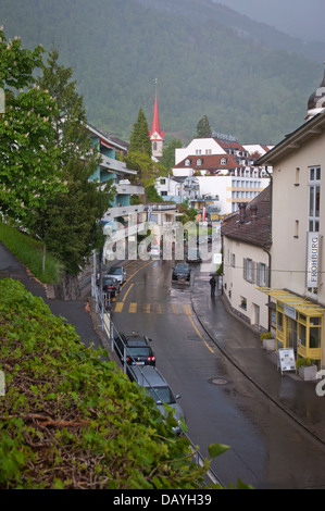 Beautiful view of Street of Weggis in rainy day from hill, Switzerland, federal republic, Western Europe Stock Photo