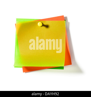 Colorful transparent note papers with push pin on white background clipping path included Stock Photo