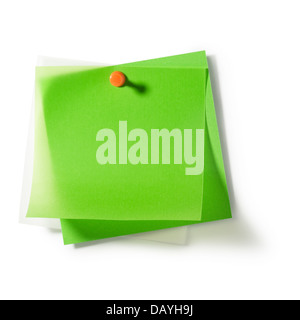 Green transparent note papers with push pin on white background clipping path included Stock Photo