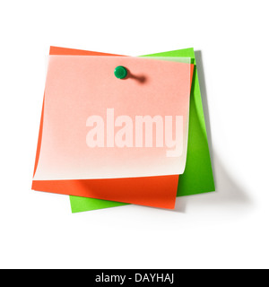 Colorful transparent note papers with push pin on white background clipping path included Stock Photo