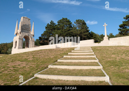 View up steps towards the Cross of Sacrifice in the Étaples Military Cemetery (CWGC), Etaples, Pas de Calais, France. Stock Photo