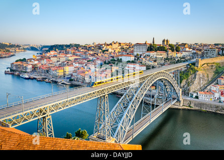 View of the historic city of Porto, Portugal with the Dom Luiz bridge Stock Photo