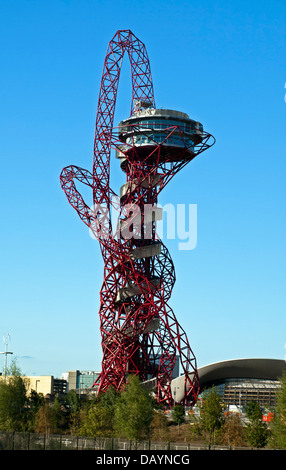 View of the ArcelorMittal Orbit and the Aquatics Centre in the Olympic Park, Stratford, East London, England, United Kingdom Stock Photo