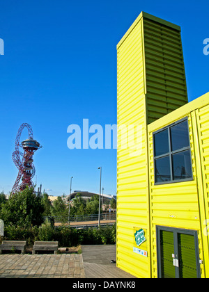 The View Tube cafe and the ArcelorMittal Orbit in the Olympic Park, Stratford, East London, England, United Kingdom Stock Photo