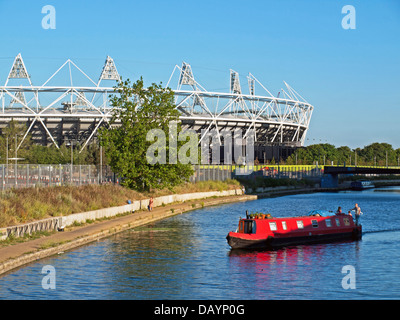 View of Stratford's Olympic Stadium across the River Lea (Lee) Navigation in Hackney Wick Stock Photo