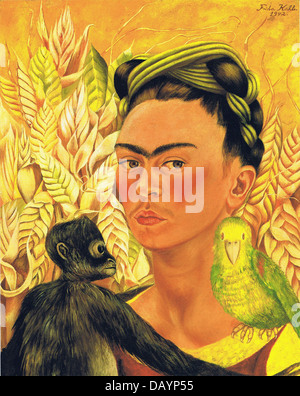 Frida Kahlo Self-portrait with monkey and parrot 1942 Stock Photo