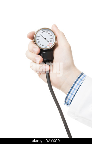 Doctor holding measuring patients blood pressure - studio shoot Stock Photo