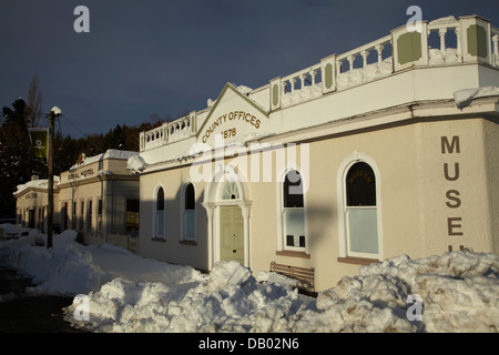 Maniototo County Council Offices, and Royal Hotel, in winter, Naseby, Maniototo, Central Otago, South Island, New Zealand Stock Photo