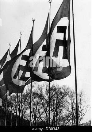 National Socialism / Nazism, 1933 - 1945, emblems, swastika flags on the Nazi party rally grounds at Nuremberg, 1930s, Additional-Rights-Clearences-Not Available Stock Photo