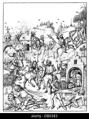 Middle Ages, knights, robber barons pillaging a village, illustration from 'Mittelalterliches Hausbuch', late 15th century, Additional-Rights-Clearences-Not Available Stock Photo