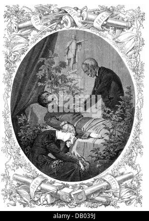 death, dead bodies, 'Two Knights of the Iron Cross', a veteran from the War of the Sixth Coalition decorating a dead soldier of the Franco-Prussian War with the Iron Cross, wood engraving, from 'Die Gartenlaube', 1873, Additional-Rights-Clearences-Not Available Stock Photo