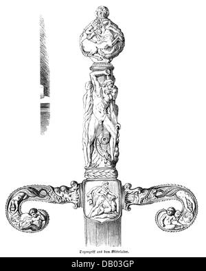 military, arms and armour, hilt from the Middle Ages, wood engraving, 19th century, ornament, ornaments, adornment, Greek mythology, Hercules, Heracles, centaur, mythological creatures, mythical creature, fabulous creature, fabulous being, mythological creature, mythical creatures, fabulous creatures, fabulous beings, fabulous animal, fabulous animals, grip, grips, haft, hafts, pommel, pommels, weapon, weapons, arms, fine arts, art, Centaurus, historic, historical, clipping, clippings, cut-out, cut-outs, medieval, Additional-Rights-Clearences-Not Available Stock Photo