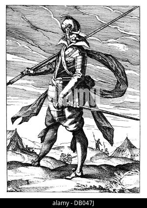 military, uniforms, 'Newes Soldaten Buchlein', by Lucas Kilian, Augsburg, 1609, illustration, foot soldier with lance, etching, Additional-Rights-Clearences-Not Available Stock Photo