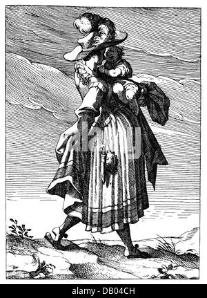 military, uniforms, 'Newes Soldaten Buchlein', by Lucas Kilian, Augsburg, 1609, illustration, soldier's woman with child, etching, Additional-Rights-Clearences-Not Available Stock Photo