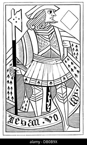 game, cards, playing card, French, jack of diamonds, 'Jean Volay', 15th century, wood engraving, Imperial library, Paris, Additional-Rights-Clearences-Not Available Stock Photo