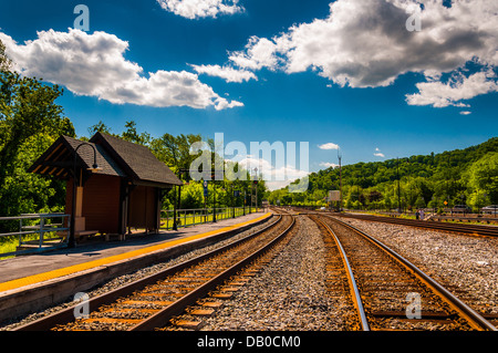 Railroad tracks at the train station in Point of Rocks, Maryland. Stock Photo