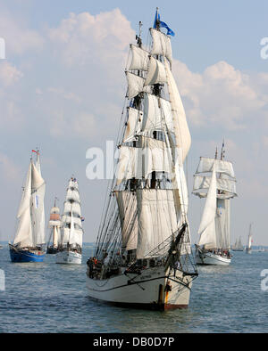 The file picture, dated 12 August 2006, shows traditional sailing ships beat about the Baltic Sea during the 16th Hanse Sail offshore Rostock, Germany. Sailing ships from 14 countries promise a record in international participation at this year's Hanse-Sail from 09 to 12 August. Photo: Bernd Wuestneck Stock Photo