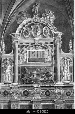 Stephen Bathory, 27.9.1533 - 12.12.1586, King of Poland 14.12.1575 - 12.12.1586, grave, cathedral in Krakow, wood engraving, 19th century, Stock Photo