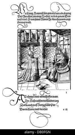 literature, 'Theuerdank' by Emperor Maximilian I, edited by Melchior Pfitzing, 1517, woodcut, figure, Duke Charles 'the Bold' of Burgundy with his daughter Mary, printed by Hans Schoensperger, Augsburg, 1519, Additional-Rights-Clearences-Not Available Stock Photo