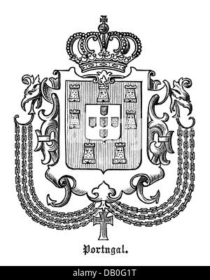 heraldry, coat of arms, Portugal, state coat of arms of the Kingdom of Portugal, wood engraving, 1872, Additional-Rights-Clearences-Not Available Stock Photo