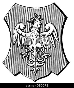heraldry, coat of arms, Poland, city arms, Gniezno, wood engraving, 1892, Additional-Rights-Clearences-Not Available Stock Photo