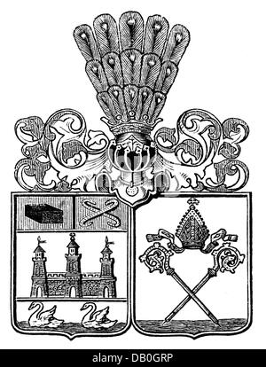 heraldry, coat of arms, Poland, city arms, Kolobrzeg, wood engraving, 1892, Additional-Rights-Clearences-Not Available Stock Photo