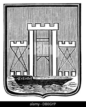 heraldry, coat of arms, Lithuania, city arms, Klaipeda, wood engraving, 1893, Additional-Rights-Clearences-Not Available Stock Photo