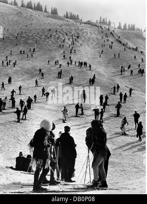 festivities, carnival, carnival on skis, costumed skiers on slope, Firstalm, Schliersee, 1957, Additional-Rights-Clearences-Not Available Stock Photo