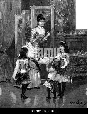 festivities,New Years Eve,congratulations for the New Year,godchildren and godmother,wood engraving,by Wilhelm Gause(1853 - 1916),late 19th century,19th century,graphic,graphics,Austria-Hungary,Austria - Hungary,Vienna,good wishes,congratulations,congratulate,congratulating,felicitating,felicitate,half length,standing,clothes,outfit,outfits,dress,dresses,present,presenting,flower,flower bouquet,bunch of flowers,bouquets,emotion,bestir,bestirring,joy,happiness,happy,pleased,godmother,godmothers,godchild,godchildren,his,Additional-Rights-Clearences-Not Available Stock Photo