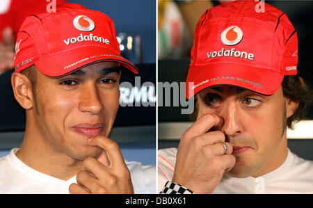 The two picture combo shows British Formula One driver Lewis Hamilton (L) and his Spanish teammate Fernando Alonso of McLaren Mercedes during a press conference prior to the Brazilian Formula One Grand Prix at Interlagos Circuit in Sao Paulo, Brazil, 18 October 2007. The season's final race will be held on 21 October. Photo: ROLAND WEIHRAUCH Stock Photo