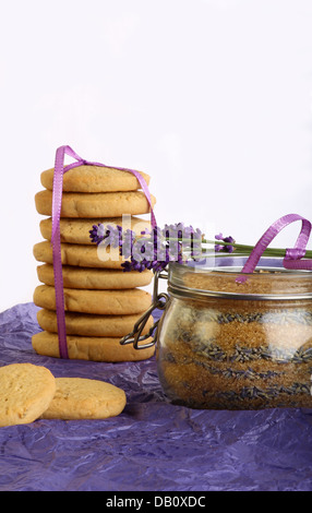 Lavender cookies with lavender in sugar and fresh lavender flowers on purple paper Stock Photo