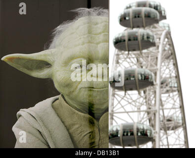 The picture shows Jedi master Yoda (L), known to everbody from the Star Wars Saga, and the London Eye (R) in London, United Kingdom, 24 October 2007. The ferris-wheel London Eye is located at the Thames river banks and Europe's biggest ferris-wheel to date. Photo: Rolf Vennenbernd¿ Stock Photo