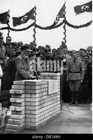 German propaganda photograph Hitler laying foundation wall 1935 German propaganda photograph Hitler laying foundation wall 1935