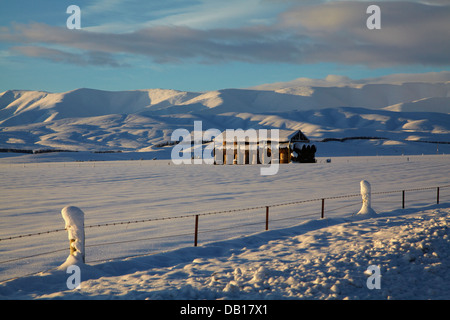 Hay barn and snow near Oturehua, Maniototo, Central Otago, South Island, New Zealand Stock Photo