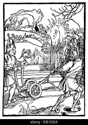 agriculture, agricultural work, plowing, fools with the plough, woodcut, 'The Ship of Fools' by Sebastian Brant, printed by Johann Bergmann von Olpe, Basel, 1494, Additional-Rights-Clearences-Not Available Stock Photo