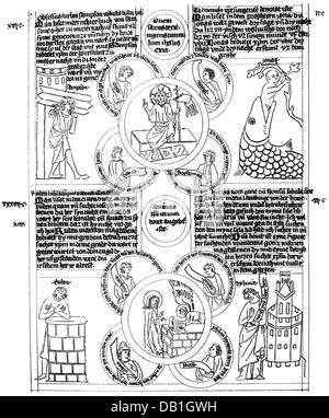 literature, Bible, biblia pauperum, woodcut with resurrection and Mary Magdalene at the grave, print: Johannes Gutenberg (circa 1400 - 1468), 1462, Additional-Rights-Clearences-Not Available Stock Photo